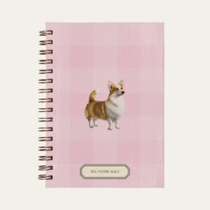 Planner personalizado com estampada xadrez rosa com ilustração de cachorro corgi Colmeias Design