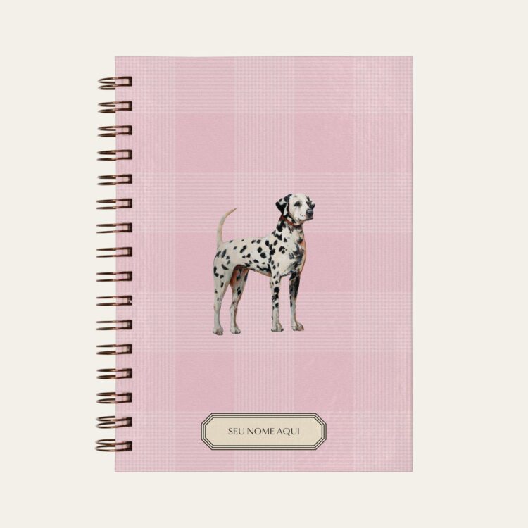 Planner personalizado com estampada xadrez rosa com ilustração de cachorro dalmata Colmeias Design