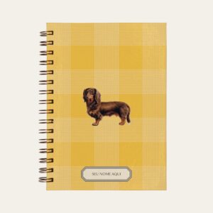 Planner personalizado com estampada xadrez amarelo com ilustração de cachorro daschund Colmeias Design