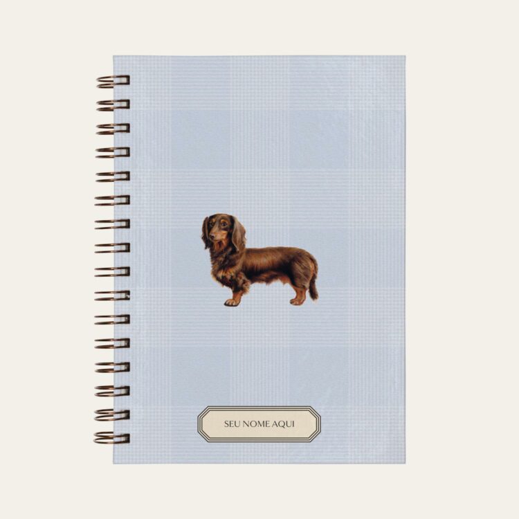Planner personalizado com estampada xadrez azul bebe com ilustração de cachorro daschund Colmeias Design