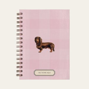 Planner personalizado com estampada xadrez rosa com ilustração de cachorro daschund Colmeias Design