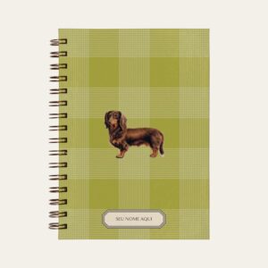 Planner personalizado com estampada xadrez verde com ilustração de cachorro daschund Colmeias Design