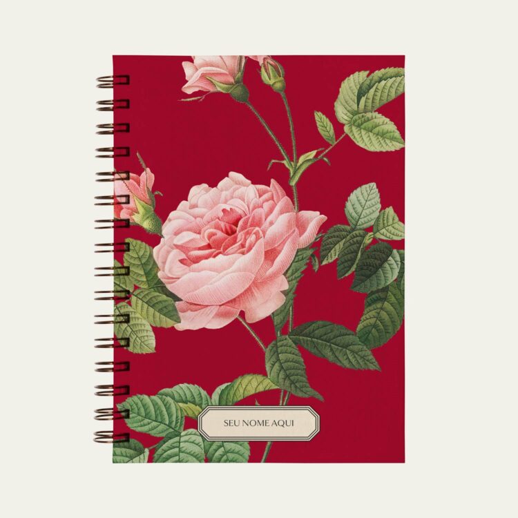 Planner personalizado com estampada botânica vermelho com ilustração de flor rosa Colmeias Design