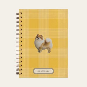 Planner personalizado com estampada xadrez amarelo com ilustração de cachorro lulu da pomerania Colmeias Design