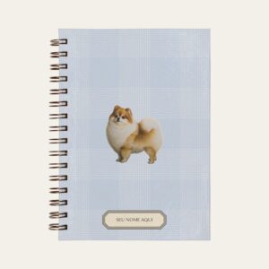 Planner personalizado com estampada xadrez azul bebe com ilustração de cachorro lulu da pomerania Colmeias Design