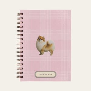 Planner personalizado com estampada xadrez rosa com ilustração de cachorro lulu da pomerania Colmeias Design