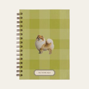 Planner personalizado com estampada xadrez verde com ilustração de cachorro lulu da pomerania Colmeias Design
