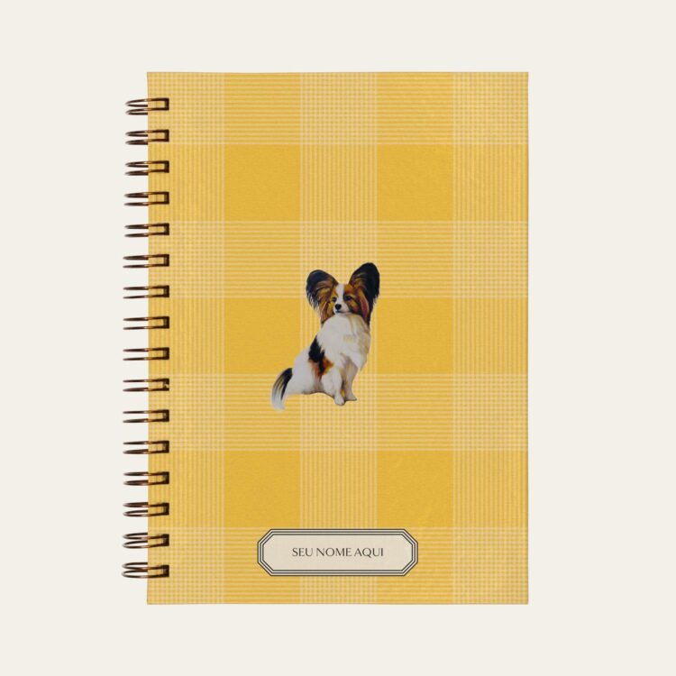 Planner personalizado com estampada xadrez amarelo com ilustração de cachorro papilon Colmeias Design