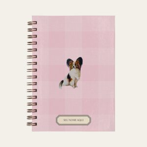 Planner personalizado com estampada xadrez rosa com ilustração de cachorro papilon Colmeias Design