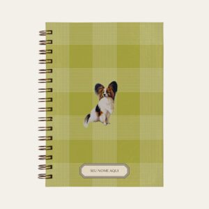Planner personalizado com estampada xadrez verde com ilustração de cachorro papilon Colmeias Design