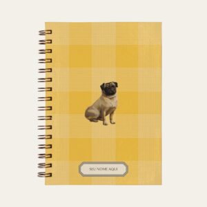 Planner personalizado com estampada xadrez amarelo com ilustração de cachorro pug Colmeias Design