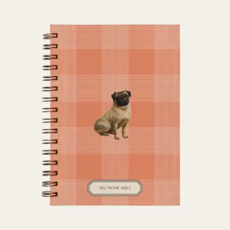Planner personalizado com estampada xadrez coral com ilustração de cachorro pug Colmeias Design