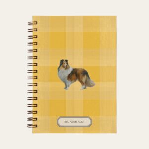 Planner personalizado com estampada xadrez amarelo com ilustração de cachorro sheltie Colmeias Design