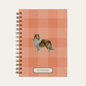 Planner personalizado com estampada xadrez coral com ilustração de cachorro sheltie Colmeias Design
