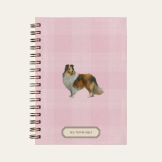 Planner personalizado com estampada xadrez rosa com ilustração de cachorro sheltie Colmeias Design