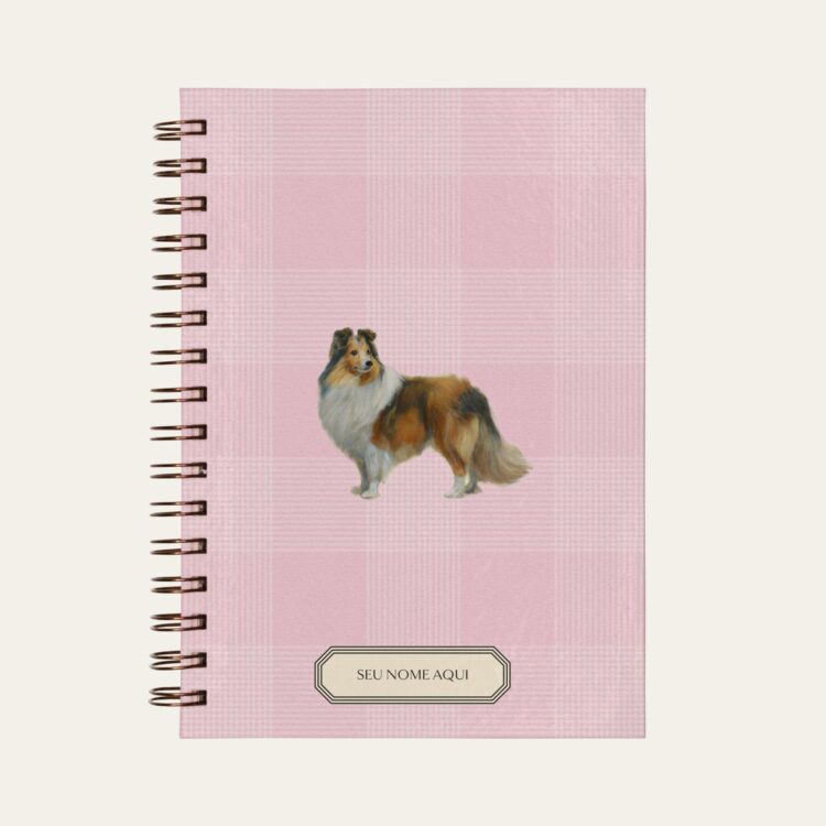 Planner personalizado com estampada xadrez rosa com ilustração de cachorro sheltie Colmeias Design