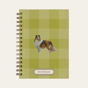Planner personalizado com estampada xadrez verde com ilustração de cachorro sheltie Colmeias Design