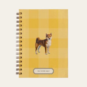 Planner personalizado com estampada xadrez amarelo com ilustração de cachorro shiba inu Colmeias Design