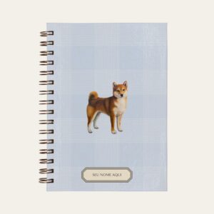 Planner personalizado com estampada xadrez azul bebe com ilustração de cachorro shiba inu Colmeias Design