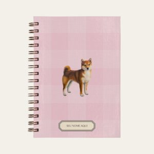 Planner personalizado com estampada xadrez rosa com ilustração de cachorro shiba inu Colmeias Design