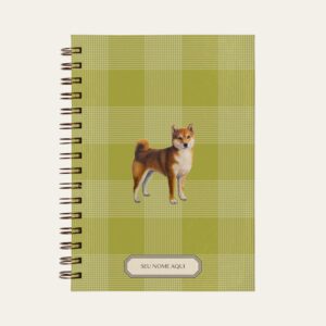 Planner personalizado com estampada xadrez verde com ilustração de cachorro shiba inu Colmeias Design