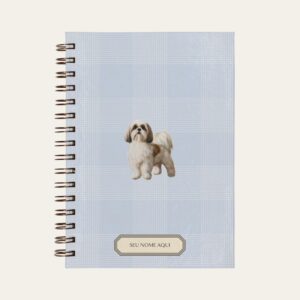 Planner personalizado com estampada xadrez azul bebe com ilustração de cachorro thih tzu Colmeias Design