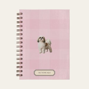 Planner personalizado com estampada xadrez rosa com ilustração de cachorro thih tzu Colmeias Design