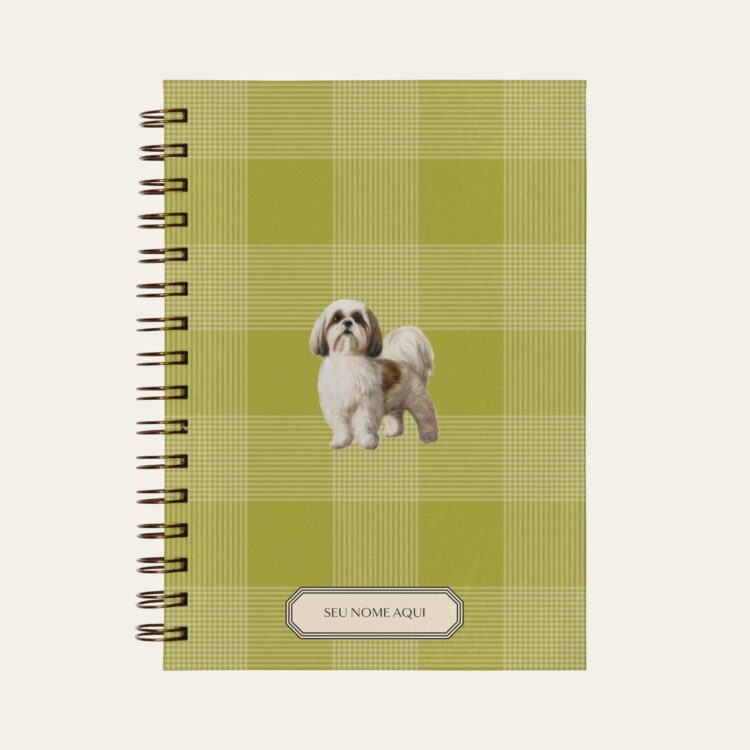 Planner personalizado com estampada xadrez verde com ilustração de cachorro thih tzu Colmeias Design