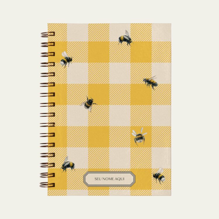 Planner personalizado com estampada vichy amarelo com ilustração de abelhas Colmeias Design