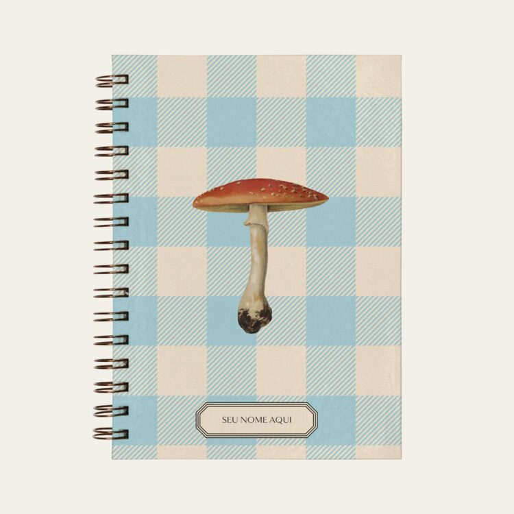 Planner personalizado com estampada vichy azul com ilustração de cogumelo Colmeias Design