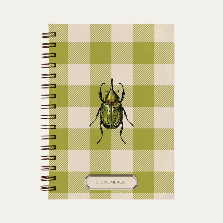 Planner personalizado com estampada vichy verde com ilustração de besouro escaravelho Colmeias Design