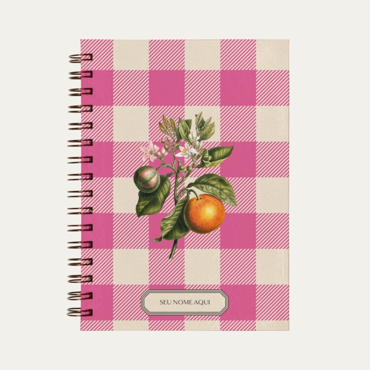 Planner personalizado com estampada vichy rosa com ilustração de laranja Colmeias Design