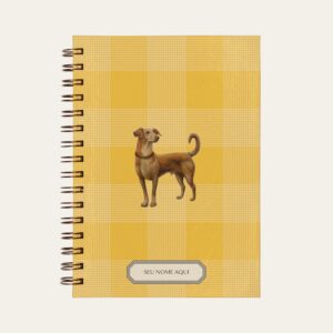 Planner personalizado com estampada xadrez amarelo com ilustração de cachorro viralata caramelo Colmeias Design
