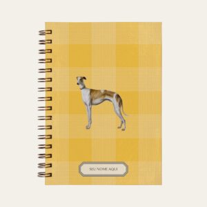 Planner personalizado com estampada xadrez amarelo com ilustração de cachorro whippet Colmeias Design