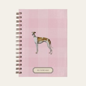 Planner personalizado com estampada xadrez rosa com ilustração de cachorro whippet Colmeias Design