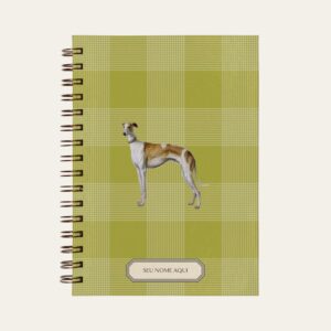 Planner personalizado com estampada xadrez verde com ilustração de cachorro whippet Colmeias Design
