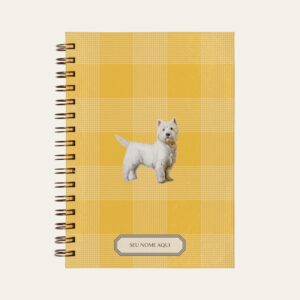 Planner personalizado com estampada xadrez amarelo com ilustração de cachorro west highland white terrier Colmeias Design