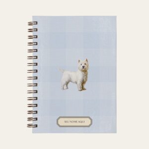 Planner personalizado com estampada xadrez azul bebe com ilustração de cachorro west highland white terrier Colmeias Design