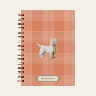 Planner personalizado com estampada xadrez coral com ilustração de cachorro west highland white terrier Colmeias Design