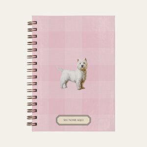 Planner personalizado com estampada xadrez rosa com ilustração de cachorro west highland white terrier Colmeias Design
