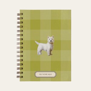 Planner personalizado com estampada xadrez verde com ilustração de cachorro west highland white terrier Colmeias Design