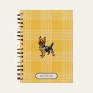 Planner personalizado com estampada xadrez amarelo com ilustração de cachorro yorkshire Colmeias Design