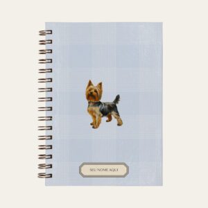 Planner personalizado com estampada xadrez azul bebe com ilustração de cachorro yorkshire Colmeias Design