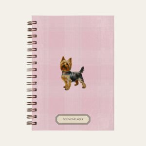 Planner personalizado com estampada xadrez rosa com ilustração de cachorro yorkshire Colmeias Design