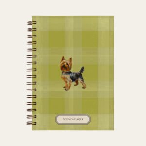 Planner personalizado com estampada xadrez verde com ilustração de cachorro yorkshire Colmeias Design